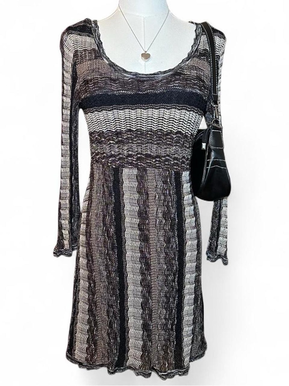 Striped Black Brown & Tan Knit Long-Sleeve Babydoll Dress Boho Cottagecore